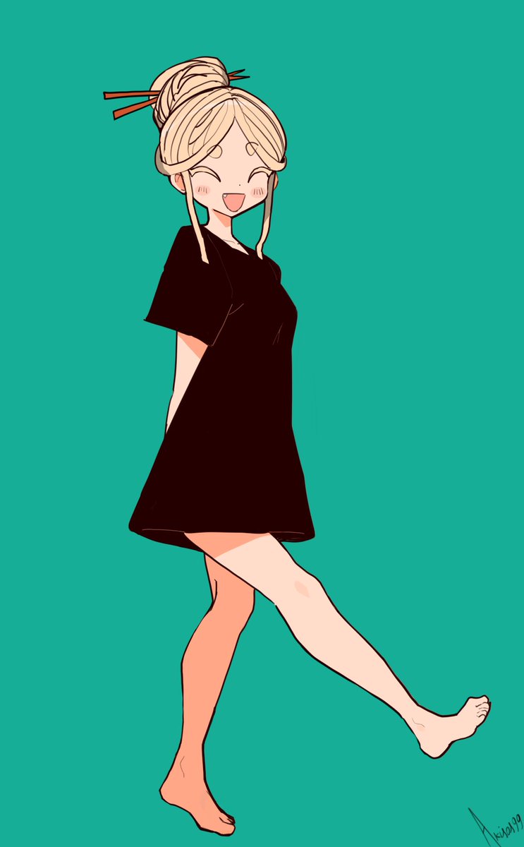 1girl akisas99 arm_behind_back black_shirt blonde_hair blush closed_eyes dress_shirt full_body hair_bun highres long_shirt open_mouth original shirt smile solo thick_eyebrows walking