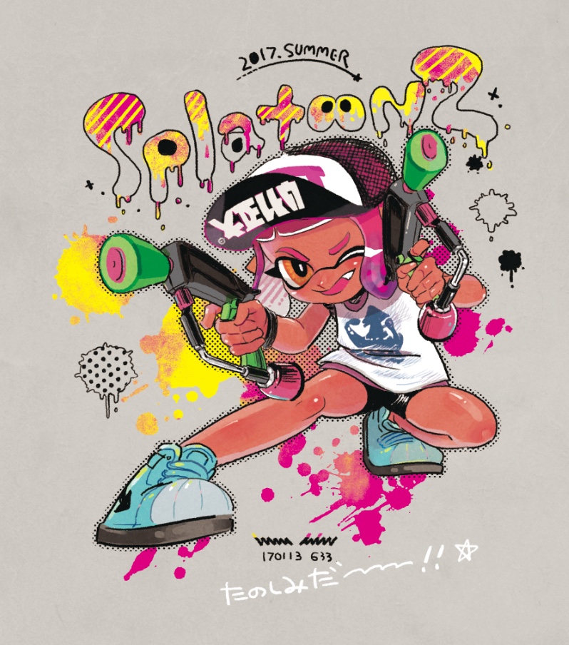 1girl bike_shorts blue_footwear blush dated dual_wielding fang full_body grey_background hat holding ink inkling_girl inkling_player_character nicoharico one_eye_closed orange_eyes pink_hair shirt shoes short_hair signature simple_background solo splat_dualies_(splatoon) splatoon_(series) splatoon_2 splatter squatting tan tentacle_hair translation_request white_shirt