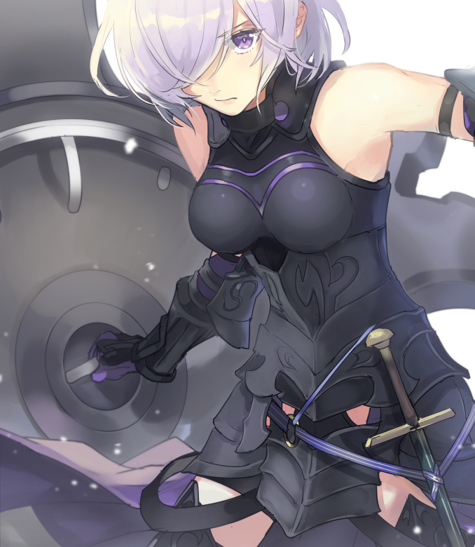 1girl armored_boots armored_leotard ayanolity black_footwear black_leotard boots breasts elbow_gloves fate/grand_order fate_(series) faulds gloves hair_over_one_eye holding_shield leotard looking_at_viewer mash_kyrielight medium_breasts purple_eyes purple_gloves sheath sheathed shield short_hair silver_hair solo sword thigh_boots thighhighs weapon