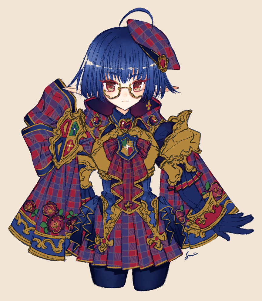 1girl ahoge armor beret blue_gloves blue_hair blue_pantyhose closed_mouth colored_eyelashes cropped_legs earrings floral_print gloves gold_armor hat jewelry miniskirt original pantyhose plaid plaid_headwear plaid_skirt pleated_skirt pointy_ears red_eyes semi-rimless_eyewear short_hair single_earring skirt smile solo sumisu_(rinsumi) two-tone_eyes under-rim_eyewear yellow-framed_eyewear yellow_eyes