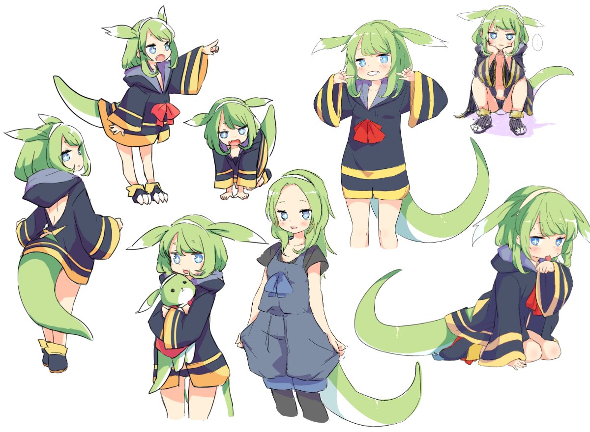 1girl animal_ears blue_eyes character_sheet done_(donezumi) female green_hair original simple_background sleeves_past_wrists solo squatting symbol-shaped_pupils tail white_background