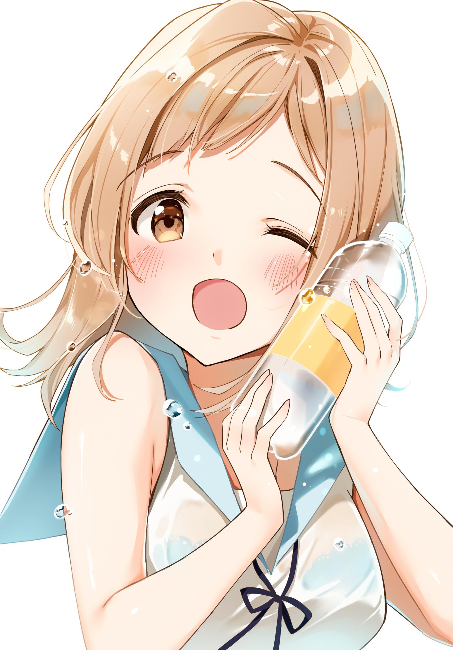 1girl bare_shoulders black_bow black_bowtie blue_sailor_collar blurry blush bottle bow bowtie breasts brown_eyes depth_of_field dot_nose hands_up highres holding holding_bottle idolmaster idolmaster_shiny_colors idolmaster_shiny_colors_song_for_prism kinako_(shiratama_mochi) large_breasts light_brown_hair looking_at_viewer medium_hair one_eye_closed open_mouth sailor_collar sakuragi_mano shirt simple_background sleeveless sleeveless_shirt smile solo upper_body water_drop white_background white_shirt