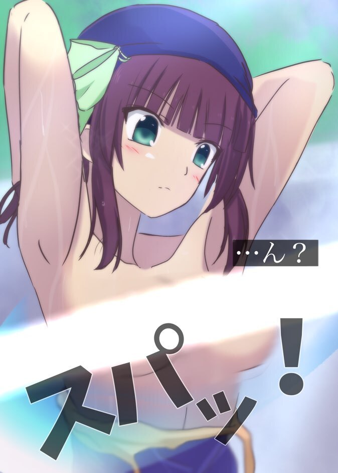 ! 1girl angel_beats! armpits arms_up blunt_bangs blush bow breasts breasts_out censored closed_mouth collarbone commentary_request convenient_censoring eyes_visible_through_hair green_bow green_eyes hair_bow lelie_(lelie_link) light_censor looking_down medium_breasts medium_hair nakamura_yuri paid_reward_available purple_hair school_swimsuit sidelocks solo sound_effects split_mouth surprised swim_cap swimsuit torn_clothes torn_swimsuit upper_body wet