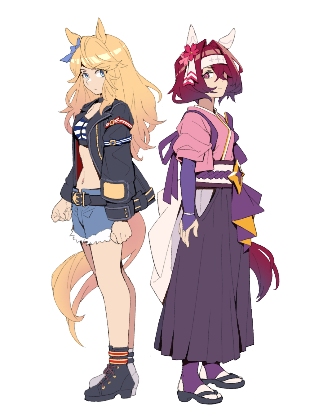 2girls animal_ears arms_at_sides belt black_footwear black_jacket blonde_hair blue_eyes blue_shorts boots bow breasts bridal_gauntlets character_request clenched_hands closed_mouth crossed_bangs cutoffs ear_bow ear_covers full_body gold_city_(umamusume) hair_intakes hakama highres hip_vent horse_ears horse_girl horse_tail jacket japanese_clothes kimono long_hair long_sleeves maid_headdress midriff multiple_girls navel obi open_clothes open_jacket pink_kimono purple_skirt red_hair sandals sash short_hair shorts simple_background sinnra_art skirt sleeves_pushed_up small_breasts standing symbol-shaped_pupils tabi tail umamusume white_background