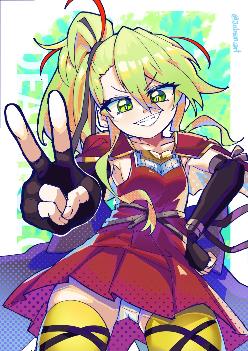 1girl belt black_ribbon breasts capelet deathpolca demons_roots dress fingerless_gloves gloves green_eyes green_hair grin hand_on_own_hip highres long_hair looking_at_viewer red_capelet red_dress ribbon side_ponytail sleepyowl_(jobkung15) small_breasts smile solo striped_clothes striped_thighhighs thighhighs v zettai_ryouiki