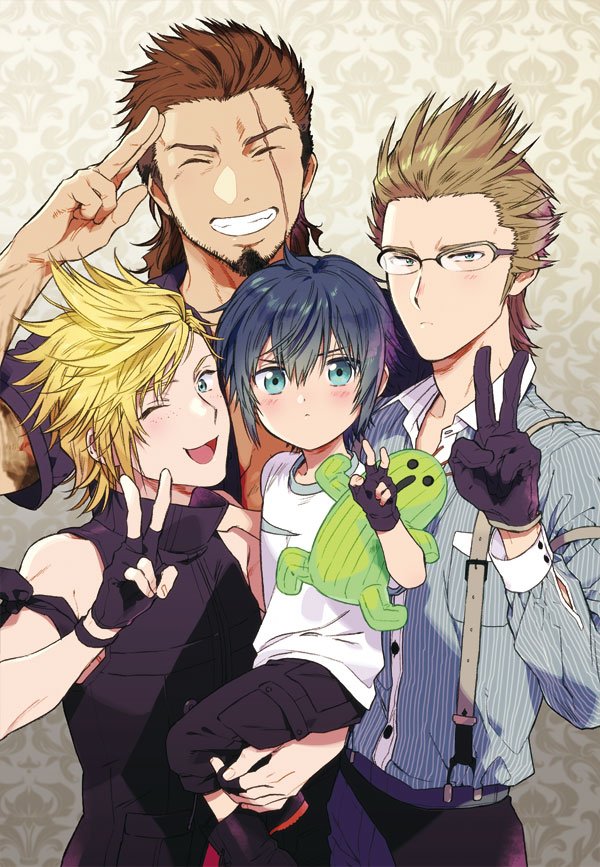 4boys :&lt; ;3 aged_down aqua_eyes arm_tattoo beard black_footwear black_pants blonde_hair blue_hair blush brown_hair child closed_eyes closed_mouth collarbone facial_hair final_fantasy final_fantasy_xv gladiolus_amicitia glasses gloves hair_slicked_back holding ignis_scientia in-franchise_crossover light_blush light_brown_hair long_sideburns looking_at_viewer male_focus mature_male medium_hair mullet multiple_boys noctis_lucis_caelum one_eye_closed open_mouth pants prompto_argentum salute scar scar_across_eye scar_on_face shirt short_hair sideburns sleeveless sleeveless_turtleneck smile spiked_hair striped_clothes striped_shirt stubble tattoo teeth turtleneck undercut v white_shirt zekkyou_(h9s9)