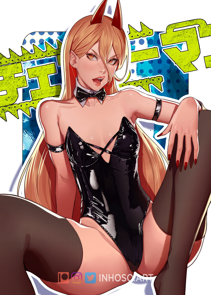 1girl arm_at_side arm_garter arm_on_knee black_arm_garter black_bow black_bowtie black_leotard blonde_hair blush bow bowtie breasts chainsaw_man collar cross-shaped_pupils demon_horns detached_collar feet_out_of_frame fishnet_thighhighs fishnets hand_on_ground horns inhoso knee_up leotard long_hair looking_at_viewer open_mouth playboy_bunny power_(chainsaw_man) red_horns red_nails red_pupils sharp_teeth shiny_clothes shiny_leotard simple_background sitting small_breasts solo spread_legs straight_hair strapless strapless_leotard symbol-shaped_pupils teeth thighhighs tongue translation_request white_background white_collar yellow_eyes