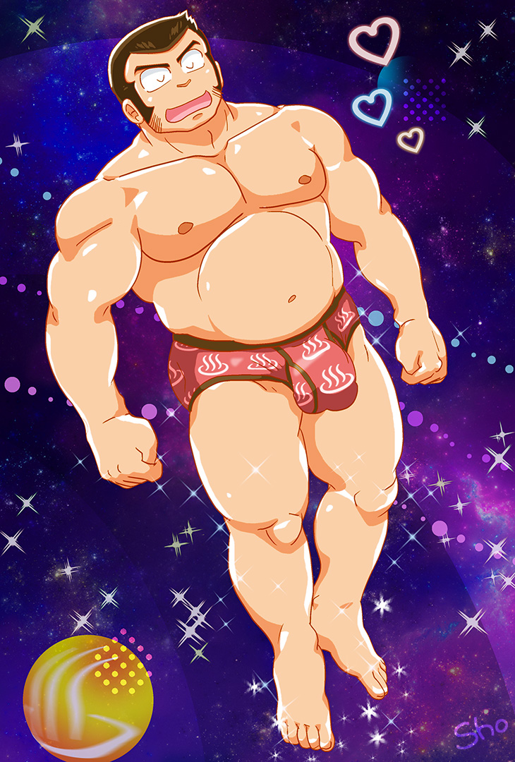 1boy artist_name bara brown_hair bulge clenched_hands closed_eyes facial_hair floating heart long_sideburns male_focus male_underwear muscular muscular_male night night_sky onsen-mark onsen_symbol open_mouth pectorals plump red_male_underwear sho_(432054) short_hair sideburns sideburns_stubble sky smile solo sparkle stubble underwear urusei_yatsura