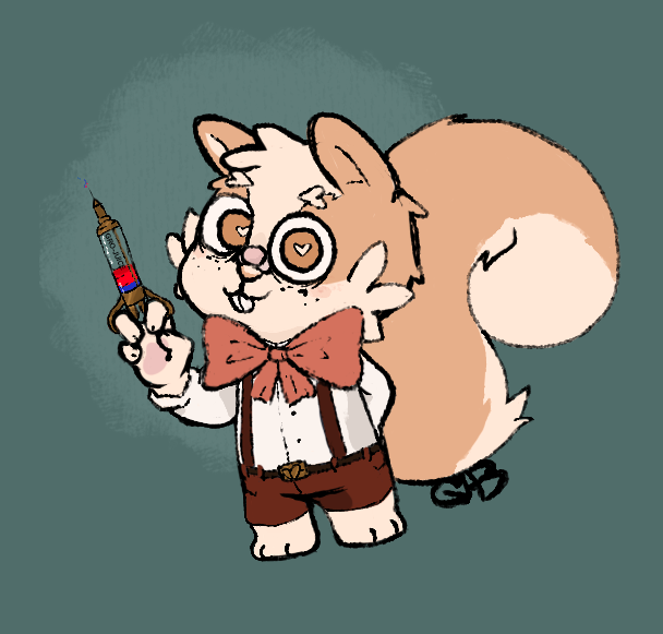 anthro bandage bandage_on_face bandage_on_nose bespectacled bottomwear bow_tie clothing freckles fur gab_(bespectacled) heart_eyes heart_symbol looking_at_viewer male mammal needle_(disambiguation) pawpads rodent sciurid shorts solo syringe tan_body tan_fur toony tree_squirrel