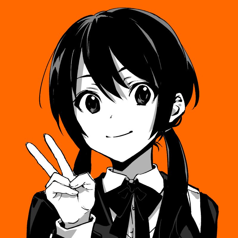 1girl arisaka_ako blazer bow bowtie closed_mouth commentary_request double-parted_bangs dress_shirt fingernails greyscale hair_between_eyes hair_tie hand_up jacket lone_nape_hair long_bangs long_hair long_sleeves looking_at_viewer low_twintails monochrome orange_background original portrait school_uniform shirt sidelocks simple_background smile solo twintails v