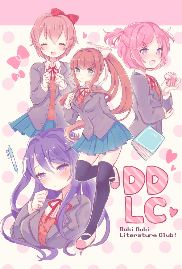 4girls black_thighhighs blue_skirt book bow brown_hair closed_mouth copyright_name cropped_torso doki_doki_literature_club food full_body grey_jacket holding holding_food jacket karunabaru long_sleeves looking_at_viewer monika_(doki_doki_literature_club) multiple_girls natsuki_(doki_doki_literature_club) one_side_up open_mouth pen pink_hair pleated_skirt ponytail purple_hair red_bow sayori_(doki_doki_literature_club) shoes skirt thighhighs white_bow yuri_(doki_doki_literature_club)