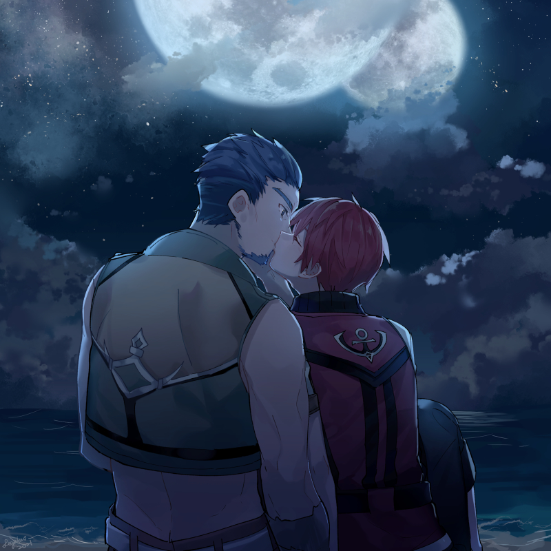 2boys adol_christin beach blue_eyes blue_hair closed_eyes cloud crop_top dogi_(ys) facial_hair from_behind full_moon kiruri_(mimosayoshi) kiss knees_up looking_at_another male_focus mature_male mixed-language_commentary moon multiple_boys multiple_moons night night_sky ocean outdoors profile red_hair short_hair signature sitting sky sleeveless star_(sky) starry_sky yaoi ys ys_viii_lacrimosa_of_dana