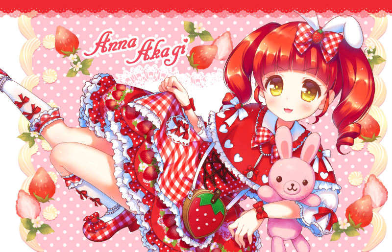 1girl :d akagi_anna bad_id bad_pixiv_id blunt_bangs blush bow capelet character_name dress food food_print frilled_dress frills fruit full_body hair_bow holding holding_stuffed_toy kiratto_pri_chan long_hair looking_at_viewer open_mouth pink_background plaid plaid_dress pretty_series red_bow red_capelet red_dress red_footwear red_hair sakura_puchirou shoes skirt_hold smile socks solo strawberry strawberry_print stuffed_animal stuffed_rabbit stuffed_toy twintails white_socks yellow_eyes