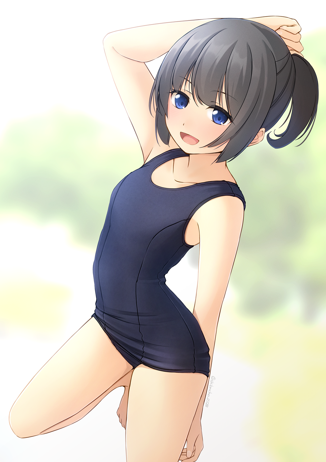 1girl barefoot black_hair black_one-piece_swimsuit blue_eyes flat_chest full_body highres kneeling old_school_swimsuit one-piece_swimsuit open_mouth original ponytail school_swimsuit shibacha short_hair smile solo swimsuit