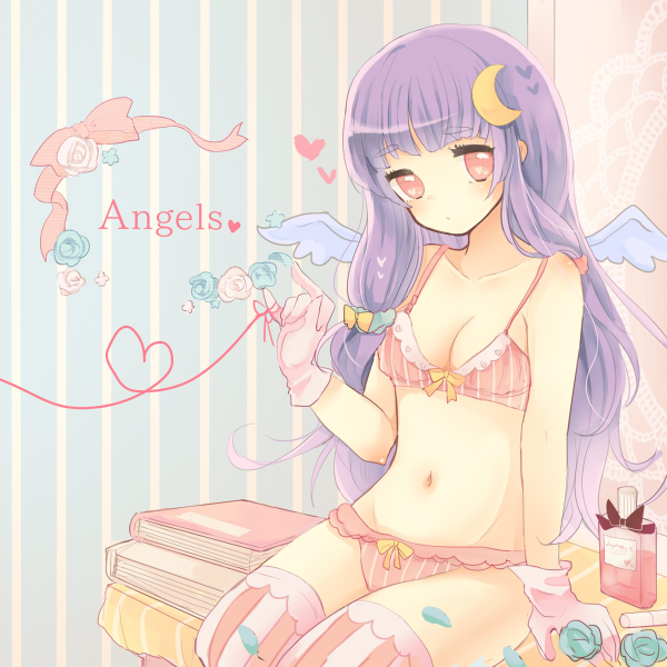 1girl angel_wings blue_flower blue_rose book bottle bra breasts crescent crescent_hair_ornament english_text flower gloves hair_ornament karunabaru long_hair looking_at_viewer navel panties patchouli_knowledge perfume_bottle red_eyes rose solo string string_of_fate striped_background striped_bra striped_clothes striped_panties striped_thighhighs thighhighs touhou underwear vertical-striped_bra vertical-striped_clothes vertical-striped_panties vertical-striped_thighhighs very_long_hair white_flower white_gloves white_rose wings