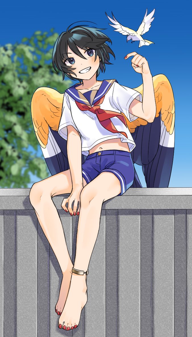 1boy androgynous animal anklet barefoot between_legs bird bird_boy bird_tail bird_wings black_eyes black_hair blue_sailor_collar blue_shorts blue_sky feathered_wings full_body grin hair_between_eyes hand_between_legs hand_up jewelry looking_at_viewer male_focus neckerchief orange_wings original outdoors red_nails red_neckerchief rramarukun sailor sailor_collar shirt short_hair short_sleeves shorts sitting sky smile solo tail tree white_shirt wind wings