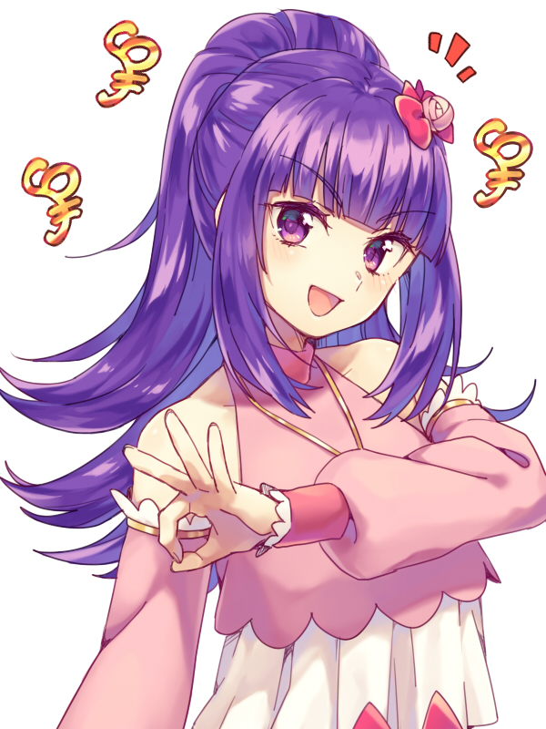 1girl :d bad_id bad_pixiv_id blunt_bangs commentary_request detached_sleeves flower hair_flower hair_ornament hanazono_shuka hand_up idol_clothes idol_time_pripara jewelry long_hair long_sleeves looking_at_viewer n_(m_ohkamotoh) necklace notice_lines ok_sign open_mouth pink_shirt ponytail pretty_series pripara purple_eyes purple_hair shirt simple_background smile solo upper_body white_background