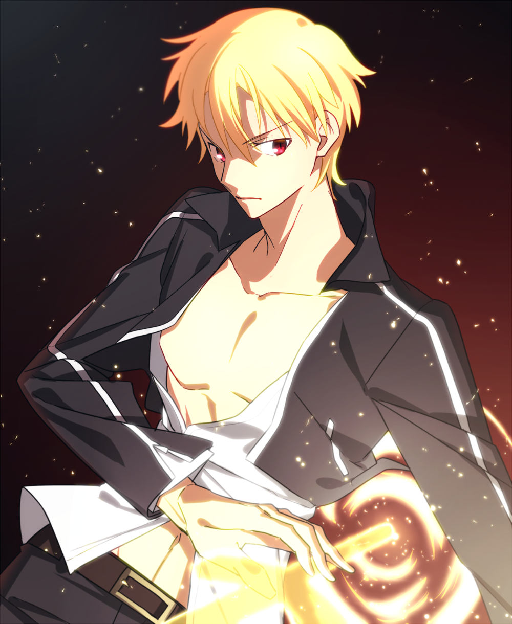 1boy belt black_jacket black_pants blonde_hair collarbone dress_shirt eyebrows_visible_through_hair fate/stay_night fate_(series) gate_of_babylon gilgamesh hair_between_eyes highres jacket long_sleeves male_focus midriff navel open_clothes open_jacket open_shirt pants red_eyes sen_(77nuvola) shirt solo stomach sword weapon white_shirt