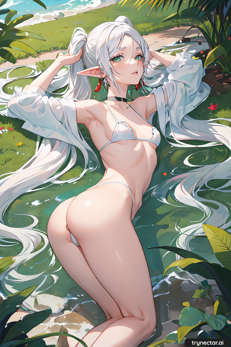 1girl ai-generated curvy feet_out_of_frame frieren green_eyes hair_spread_out long_hair non-web_source on_grass outdoors solo trynectar.ai twisted_torso very_long_hair watermark white_hair