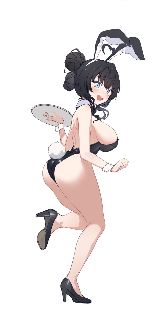 1girl animal_ears aningay ass bare_shoulders black_footwear black_hair black_leotard blue_eyes blush breasts double_bun from_side full_body hair_between_eyes hair_bun high_heels highres holding holding_tray large_breasts leotard looking_at_viewer looking_to_the_side original playboy_bunny rabbit_ears rabbit_girl rabbit_tail shoe_soles shoes simple_background solo standing standing_on_one_leg strapless strapless_leotard tail tray white_background wrist_cuffs