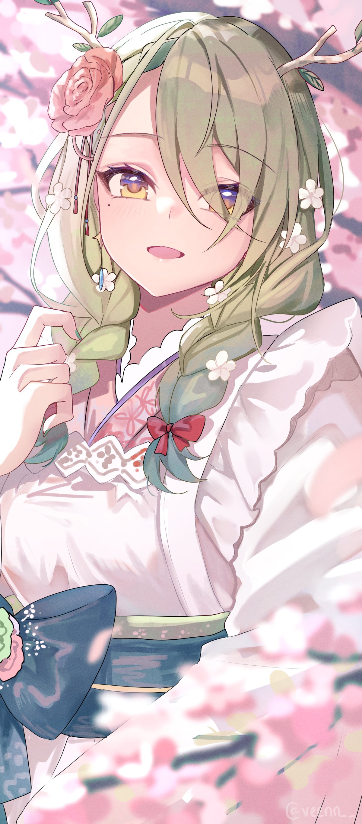 1girl absurdres antlers apron blurry bow braid ceres_fauna ceres_fauna_(new_year) cherry_blossoms depth_of_field earrings english_commentary flower frilled_apron frills green_hair green_nails green_robe hair_bow hair_flower hair_ornament hair_over_one_eye hand_up highres hololive hololive_english horns japanese_clothes jewelry kimono long_hair looking_at_viewer mole mole_under_eye obi official_alternate_costume official_alternate_hairstyle pink_kimono print_kimono red_bow robe sash solo swept_bangs twin_braids upper_body venn_(vebonbon) virtual_youtuber white_apron yellow_eyes