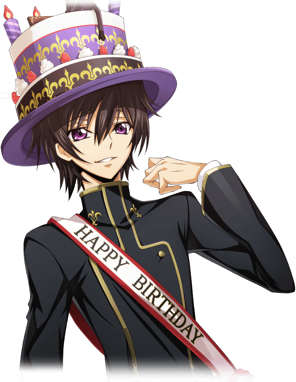 1boy artist_request birthday birthday_sash black_hair buttons clothes_writing code_geass code_geass:_lost_stories cropped_torso english_text game_cg hair_between_eyes hand_up happy happy_birthday hat highres layered_sleeves lelouch_vi_britannia long_sleeves male_focus multicolored_clothes multicolored_hat non-web_source official_art parted_lips purple_eyes sash school_uniform short_hair shoulder_sash sidelocks simple_background smile solo standing teeth top_hat transparent_background upper_body