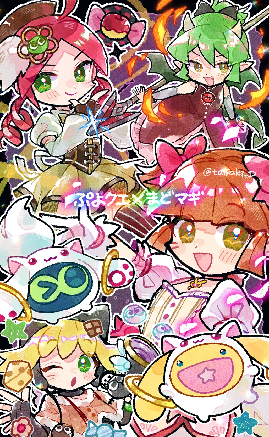 ahoge amitie_(puyopuyo) andou_ringo apple arle_nadja black_bow black_gloves black_hat blush bow brown_hair charlotte_(madoka_magica) cheese cosplay detached_sleeves doradorakingyo draco_centauros dragon_girl dragon_tail dress drill_hair fang fingerless_gloves food fruit gloves green_eyes green_hair green_tail green_wings highres holding holding_polearm holding_weapon horns kaname_madoka kaname_madoka_(cosplay) kyubey kyubey_(cosplay) magical_girl mahou_shoujo_madoka_magica momoe_nagisa momoe_nagisa_(cosplay) one_eye_closed open_mouth pink_dress pointy_ears polearm puubot_(puyopuyo) puyopuyo puyopuyo_quest red_dress sakura_kyoko sakura_kyoko_(cosplay) short_ponytail spear star_in_mouth tail translation_request twin_drills twitter_username weapon white_gloves white_sleeves wings