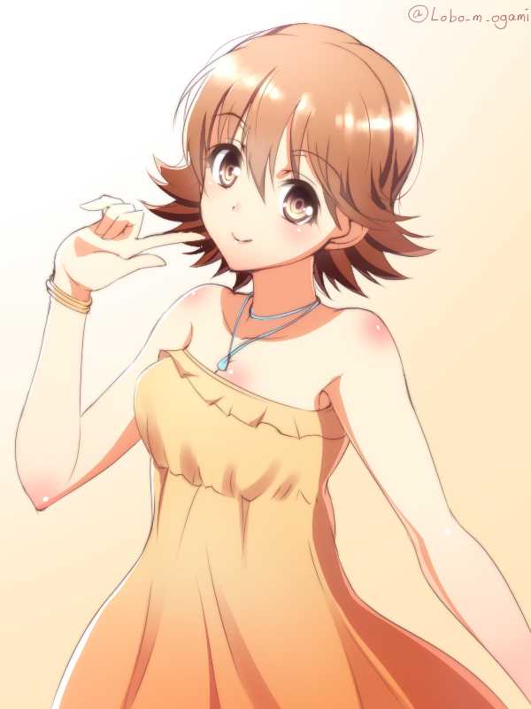 bare_shoulders breasts brown_dress brown_eyes brown_hair cleavage collarbone dress eyebrows eyebrows_visible_through_hair honda_mio idolmaster idolmaster_cinderella_girls index_finger_raised looking_at_viewer medium_breasts ookami_maito short_hair smile solo strapless strapless_dress