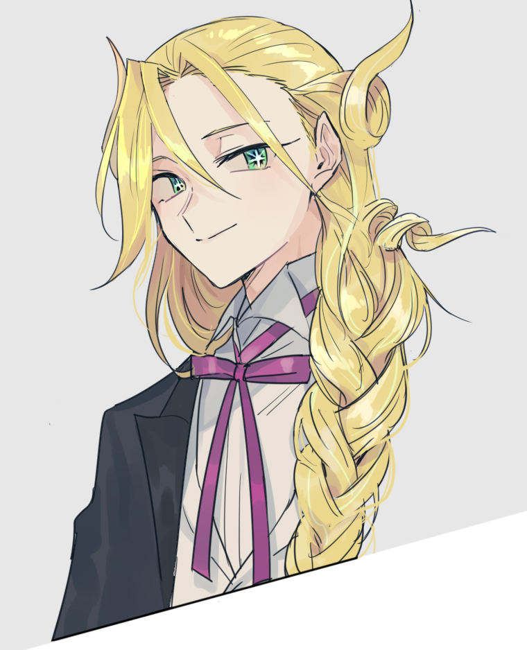 1boy black_coat blonde_hair braid closed_mouth coat collared_shirt cropped_torso curly_hair fate/grand_order fate_(series) fukusuu_(zeonms_06s) green_eyes grey_background hair_between_eyes hair_over_shoulder long_hair male_focus neck_ribbon purple_ribbon ribbon shirt simple_background single_braid smile solo star_(symbol) star_in_eye symbol_in_eye two-tone_background white_background white_shirt wing_collar wolfgang_amadeus_mozart_(fate) wolfgang_amadeus_mozart_(fgo_orchestra)_(fate)