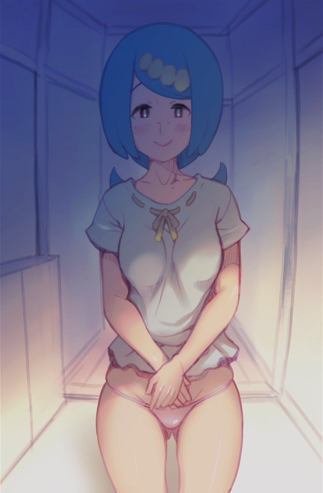 1girl blue_hair blush breasts bright_pupils closed_mouth commentary_request ero_kaeru hair_ornament highres indoors lana's_mother_(pokemon) long_hair looking_at_viewer mature_female no_sclera own_hands_together panties pokemon pokemon_(anime) pokemon_sm_(anime) shirt short_sleeves smile solo underwear