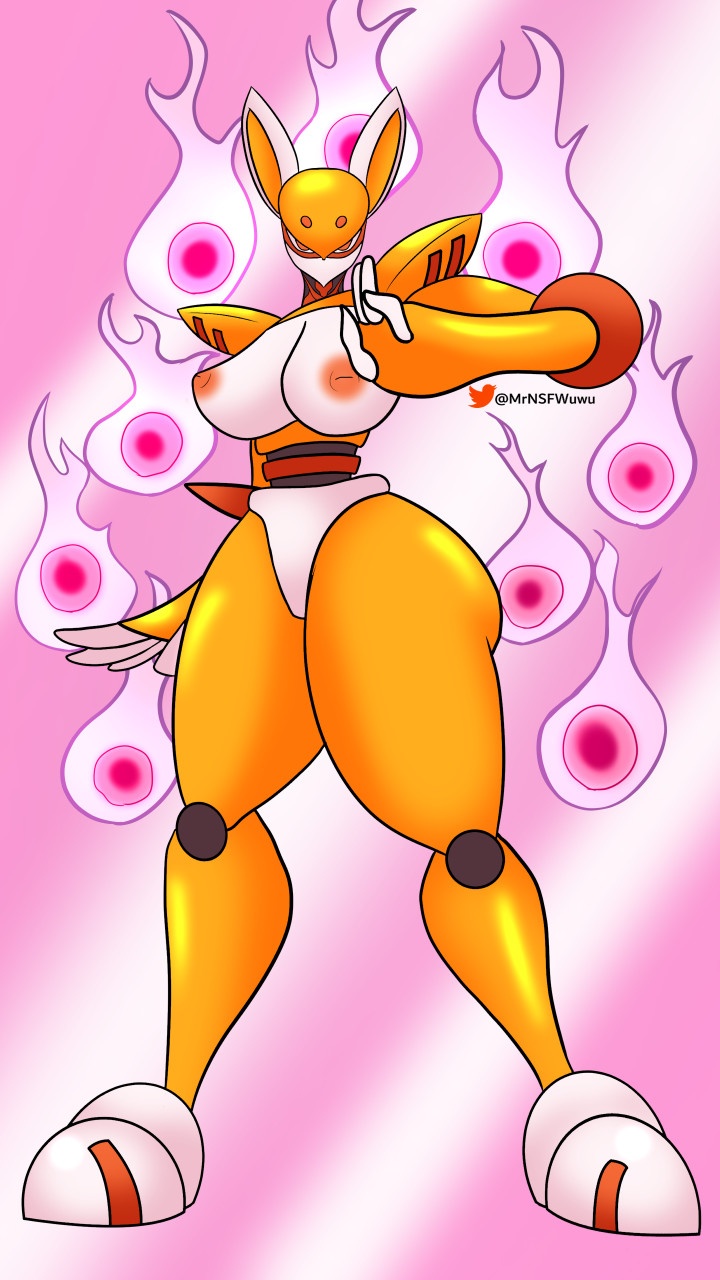 anthro areola canid canine capcom colored_fire crossgender cubit_foxtar elemental_manipulation featureless_crotch female fire fire_manipulation fox hi_res inverted_nipples looking_at_viewer mammal mega_man_(series) mega_man_zero mouthless mrpencilnsfw nipples orange_areola orange_body orange_eyes orange_nipples pink_background pink_fire reploid simple_background solo thick_thighs white_body wide_hips