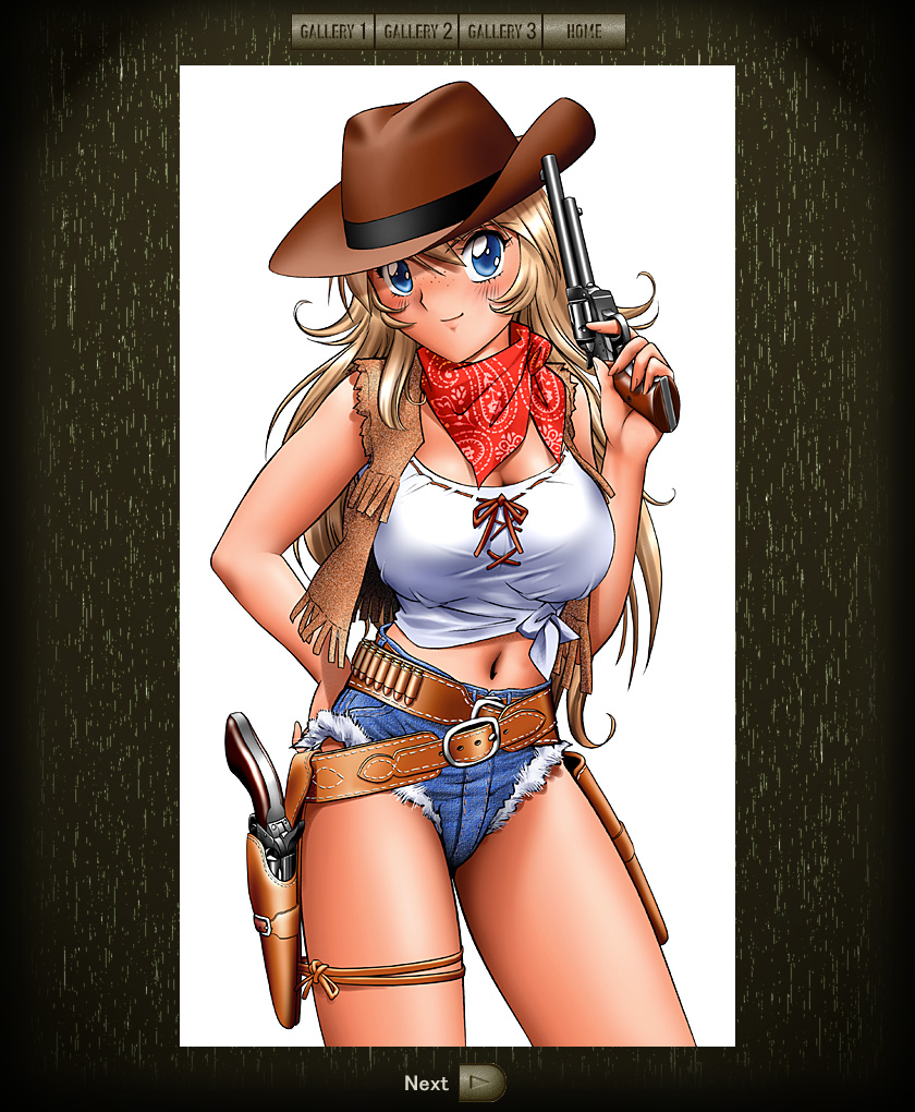 1girl bandana blonde_hair blue_eyes bra breasts cow_girl cowboy_western denim denim_shorts freckles gun holding holding_gun holding_weapon holster large_breasts long_hair midriff original red_bandana revolver shingyouji_tatsuya shorts sleeveless thighs underwear weapon white_bra