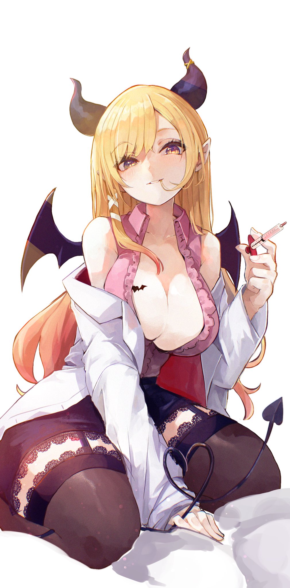 1girl between_legs black_horns black_skirt black_thighhighs blonde_hair breast_tattoo breasts center_frills cleavage coat collarbone collared_shirt commentary_request demon_girl demon_horns demon_tail demon_wings frilled_shirt frills garter_straps hair_in_own_mouth hair_ribbon hand_between_legs highres holding holding_syringe hololive horn_ornament horn_ring horns lab_coat lace-trimmed_skirt lace-trimmed_thighhighs lace_trim large_breasts long_hair looking_at_viewer miniskirt nyucha off_shoulder on_bed open_clothes open_coat parted_lips pencil_skirt pink_shirt pointy_ears purple_eyes ribbon shirt simple_background sitting skirt sleeveless sleeveless_shirt solo swept_bangs syringe tail tattoo thighhighs tress_ribbon virtual_youtuber wariza white_background white_coat winged_heart wings yuzuki_choco yuzuki_choco_(1st_costume)