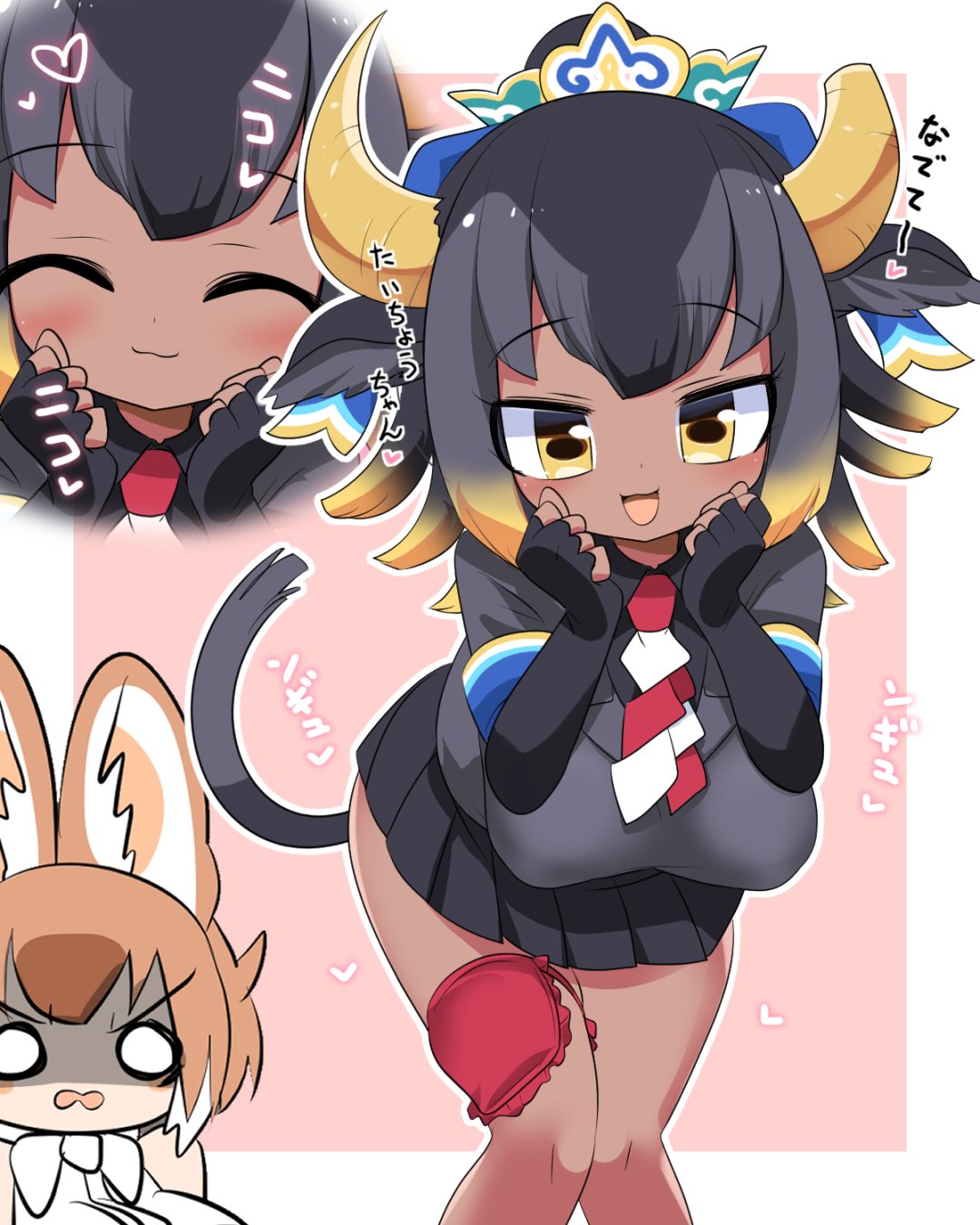 2girls animal_ears black_hair bow bowtie brown_hair cow_ears cow_girl cow_tail dhole_(kemono_friends) elbow_gloves extra_ears fingerless_gloves gloves goshingyu-sama_(kemono_friends) hair_ornament highres jacket kemono_friends lets0020 long_hair looking_at_viewer multicolored_hair multiple_girls necktie shirt short_hair simple_background skirt sleeveless sleeveless_shirt tail translation_request yellow_eyes