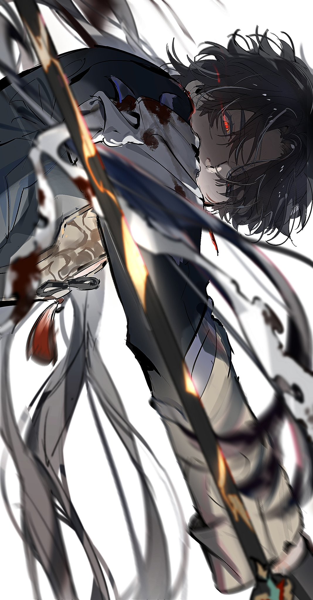 1boy bandaged_arm bandages black_coat black_hair blade_(honkai:_star_rail) blood blood_on_bandages blood_on_clothes coat hair_over_one_eye highres holding holding_sword holding_weapon honkai:_star_rail honkai_(series) landscape long_hair looking_at_viewer parted_bangs red_eyes sword upper_body violetpuppy1 weapon white_background