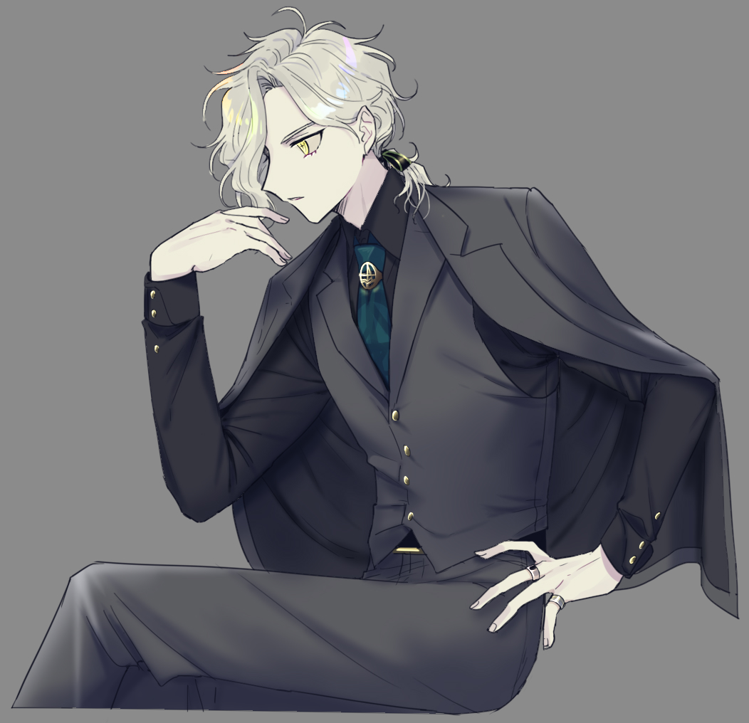 1boy alternate_costume black_bow black_jacket black_pants black_shirt black_vest bow brooch collared_shirt cross-shaped_pupils crossed_legs edmond_dantes_(fate) expressionless fate/grand_order fate_(series) formal fukusuu_(zeonms_06s) green_necktie grey_background grey_hair hair_bow hair_over_one_eye hand_on_own_hip hand_up invisible_chair jacket jacket_on_shoulders jewelry long_sleeves looking_to_the_side male_focus medium_hair necktie pants parted_lips ponytail ringed_eyes shirt simple_background sitting solo symbol-shaped_pupils vest wing_collar yellow_eyes