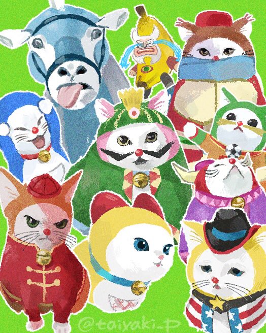 animal_focus bell blue_eyes bow cat cat_covering_ears_(meme) character_request covering_own_ears cowboy_hat crying dora-the-kid doradorakingyo doraemon doraemon_(character) dorami facial_hair goat green_background happy_happy_happy_cat_(meme) hat huh?_cat_(meme) meme mustache neck_bell no_humans open_mouth rambling_goat_(meme) red_bow red_hat red_nose sad sad_banana_cat_(meme) streaming_tears talking_cats_(meme) tears tongue tongue_out twitter_username