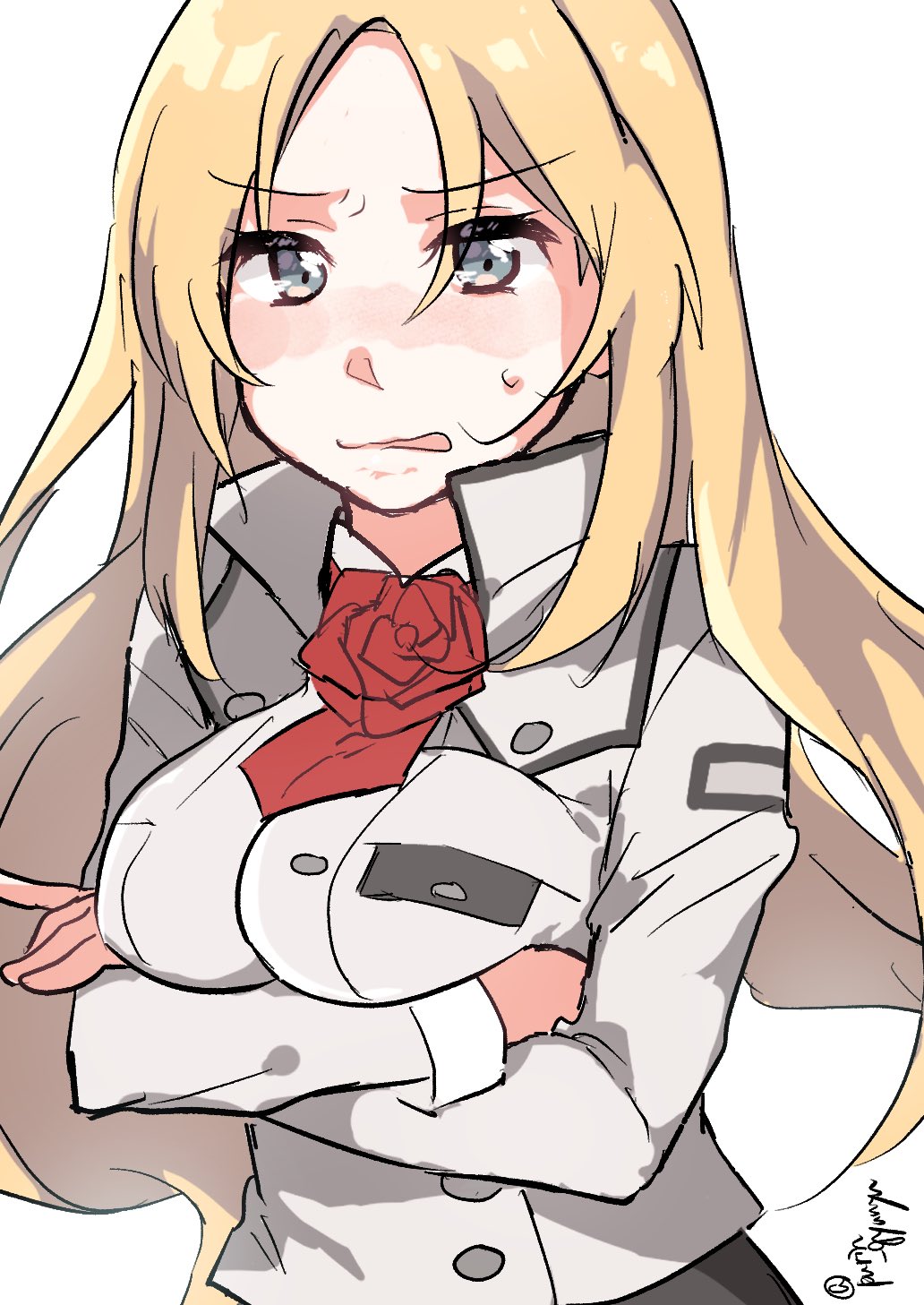1girl ascot blonde_hair blue_eyes breasts crossed_arms flower highres jacket kantai_collection large_breasts long_hair military_jacket military_uniform nelson_(kancolle) niina_(purin_gyunyu) one-hour_drawing_challenge red_ascot red_flower red_rose rose simple_background solo twitter_username uniform upper_body white_background white_jacket wince