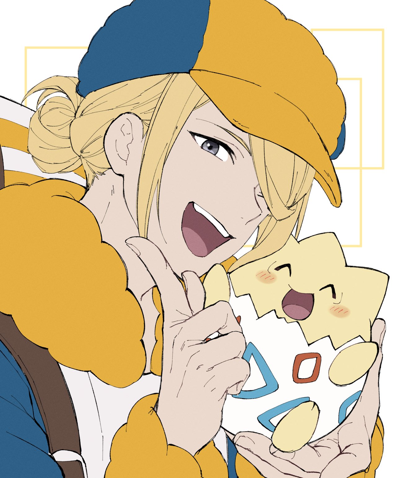1boy :d blonde_hair blue_jumpsuit commentary_request grey_eyes hair_bun hair_over_one_eye hands_up happy hat highres holding holding_pokemon jumpsuit long_sleeves male_focus mocollie open_mouth pokemon pokemon_(creature) pokemon_legends:_arceus smile teeth togepi tongue upper_teeth_only volo_(pokemon) white_background yellow_hat