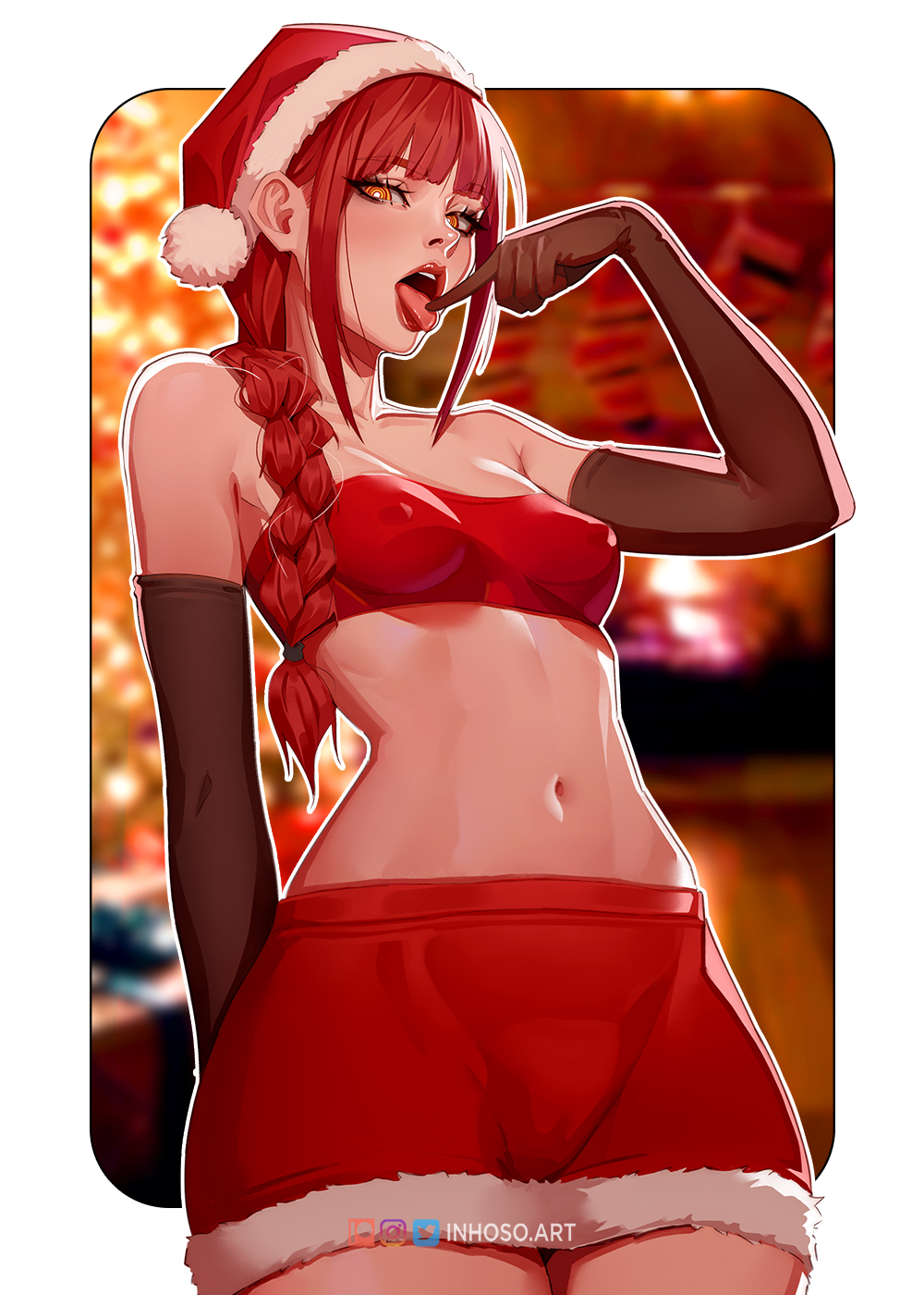 1girl arm_at_side artist_name bandeau black_gloves blunt_bangs blurry blurry_background braid breasts bright_pupils chainsaw_man christmas christmas_present christmas_tree covered_nipples cowboy_shot elbow_gloves finger_to_tongue fur-trimmed_shorts fur_trim gift gloves hat highres impossible_clothes inhoso instagram_logo long_hair looking_at_viewer looking_down makima_(chainsaw_man) midriff navel no_bra open_mouth orange_eyes patreon_logo red_bandeau red_hair red_hat red_lips red_shorts ringed_eyes santa_hat short_shorts shorts sidelocks single_braid small_breasts solo teeth tongue tongue_out twitter_logo upper_teeth_only white_background white_pupils