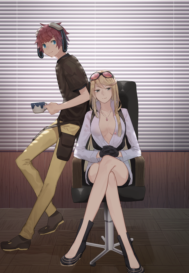 1boy 1girl aiba_takumi black_gloves black_shirt blonde_hair blue_eyes breasts cleavage closed_mouth commentary_request crossed_legs cup digimon digimon_story:_cyber_sleuth full_body gloves goggles goggles_on_head holding holding_cup indoors jewelry kiruri_(mimosayoshi) kuremi_kyouko leaning_back long_hair looking_at_viewer necklace no_bra own_hands_together pants shirt short_hair sitting skirt standing swept_bangs t-shirt white_shirt window_blinds wooden_floor yellow_pants