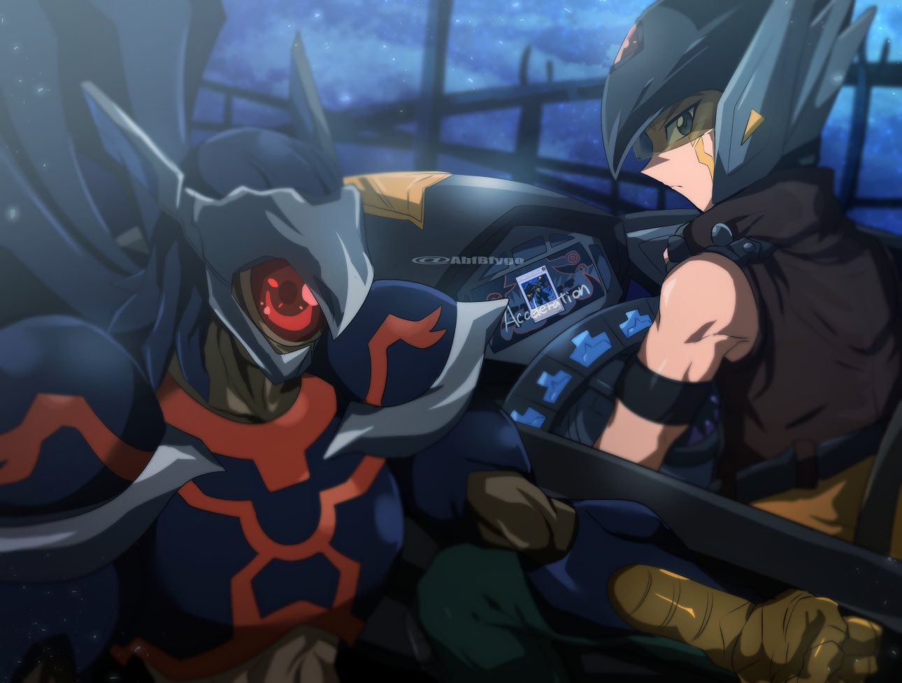 2boys abfbfygo armor beak bird black_armor black_helmet blackwing_armor_master blue_eyes brown_vest crow_hogan d-wheel dark_skin english_text facial_mark from_behind helmet looking_at_viewer motor_vehicle motorcycle motorcycle_helmet multiple_boys one-eyed shoulder_armor twitter_username vest wings yu-gi-oh! yu-gi-oh!_5d's