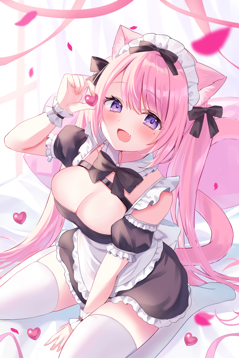 1girl :d animal_ear_fluff animal_ears apron black_bow blush bow breast_focus breasts cat_ears cat_girl cat_tail cleavage fangs frilled_wristband from_above hair_bow hamico hand_on_bed heart highres holding holding_heart long_hair looking_at_viewer maid maid_apron maid_headdress medium_breasts on_bed original pink_hair purple_eyes sitting smile solo swept_bangs tail thighhighs twintails very_long_hair wariza white_thighhighs