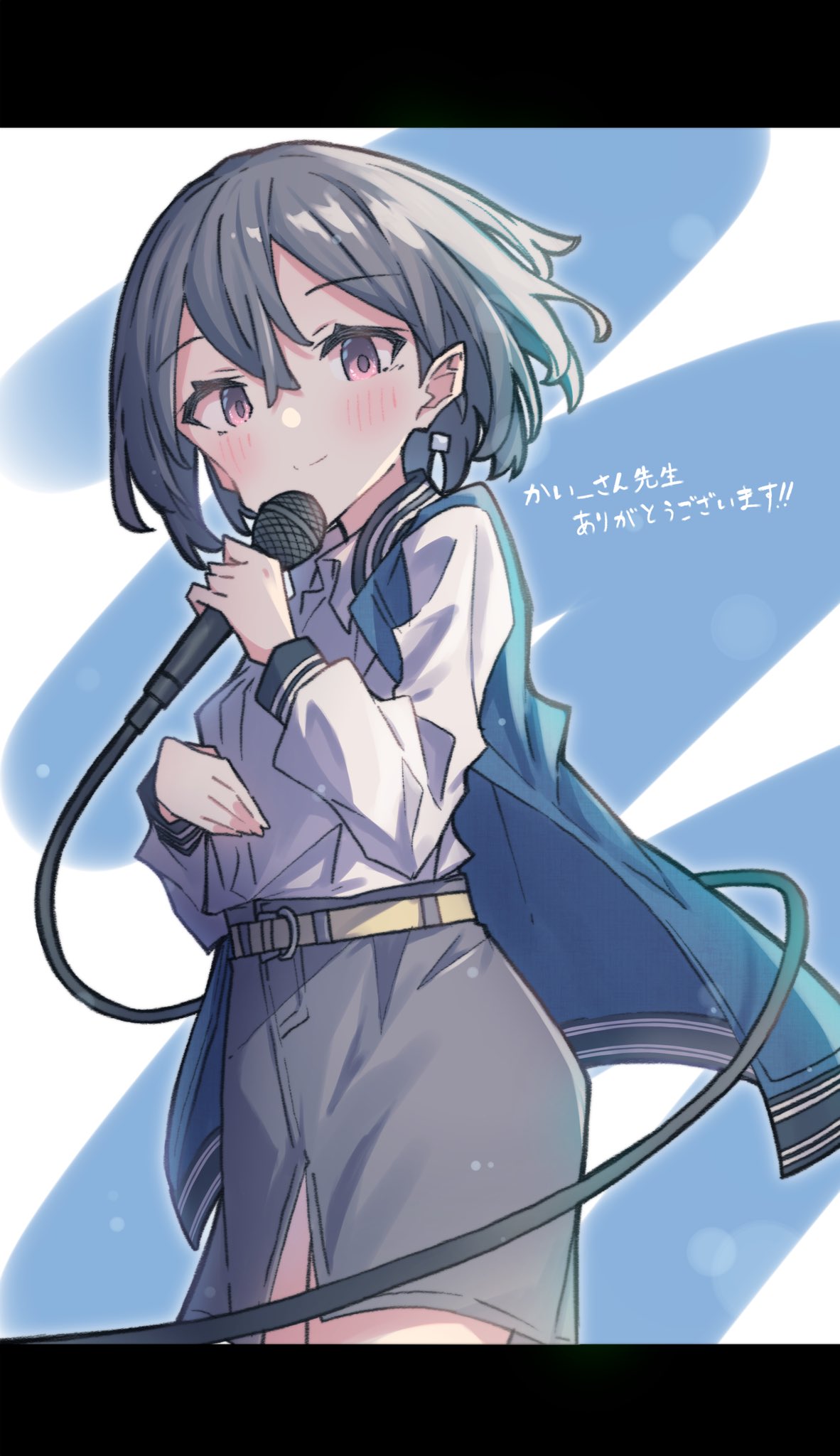 1girl bang_dream! bang_dream!_it's_mygo!!!!! belt blue_jacket brown_eyes closed_mouth collaboration collared_shirt commentary_request cow dress_shirt earrings grey_hair grey_skirt hair_between_eyes highres holding holding_microphone jacket jewelry kai3700 letterboxed long_sleeves looking_at_viewer microphone open_clothes open_jacket shirt short_hair skirt solo sou_(user_hgyh8775) takamatsu_tomori translation_request white_shirt