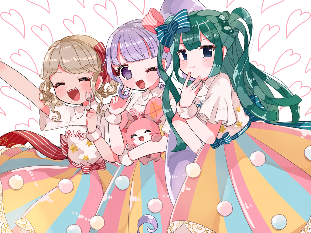 3girls :d ;d animal arm_up blue_eyes blunt_bangs blush bow brown_hair closed_eyes cowboy_shot fork green_hair hair_bow hand_up holding holding_animal holding_fork kira_(kiratwins) long_hair looking_at_viewer manaka_non multiple_girls one_eye_closed open_mouth outstretched_arm pretty_series pripara purple_eyes purple_hair rabbit shirt short_hair short_sleeves side_ponytail skirt smile standing striped_clothes striped_skirt taiyo_pepper third-party_source tsukikawa_chili two_side_up vertical-striped_clothes vertical-striped_skirt very_long_hair white_shirt wrist_cuffs