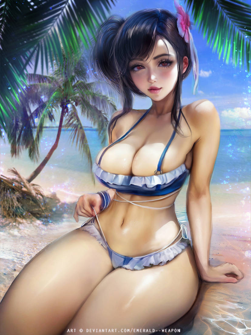 beach bikini bikini_skirt breasts cleavage emerald-weapon final_fantasy final_fantasy_vii final_fantasy_vii_rebirth final_fantasy_vii_remake flower frilled_bikini frilled_bikini_top frills hair_flower hair_ornament large_breasts looking_at_viewer microskirt official_alternate_costume official_alternate_hairstyle palm_tree sand skirt smile swimsuit thick_thighs thighs thong_bikini tifa_lockhart tifa_lockhart_(shining_spirit) tree white_bikini