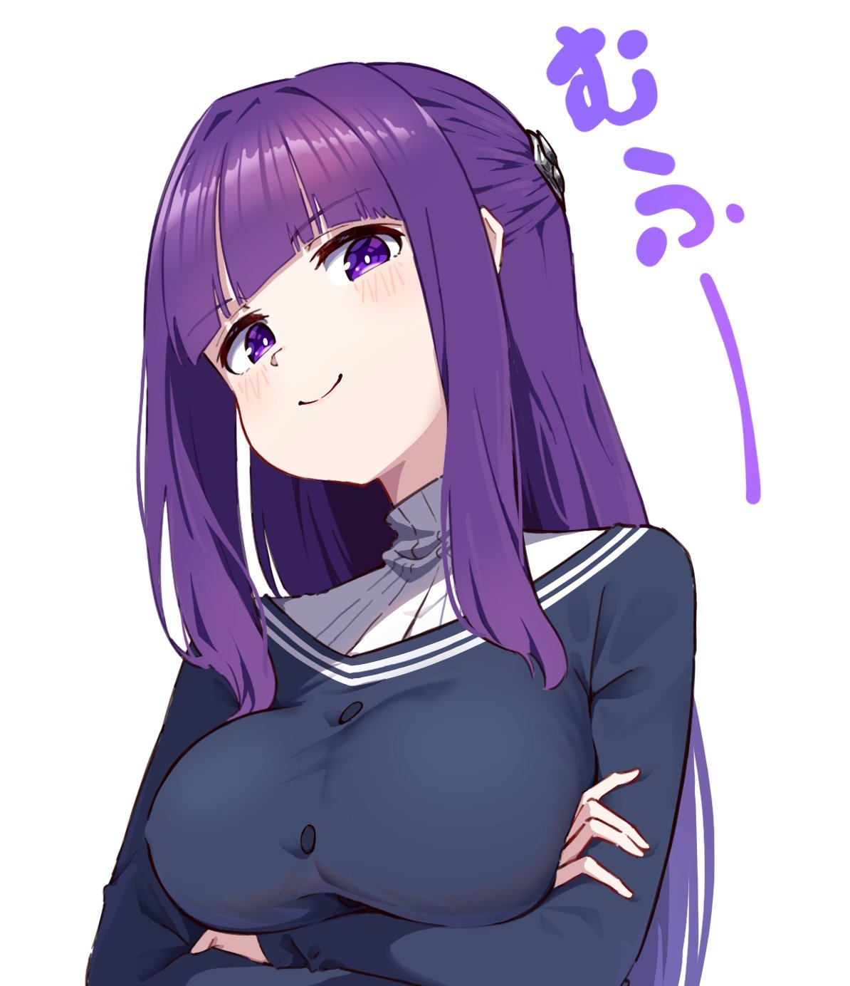 1girl arms_under_breasts black_dress blunt_bangs blush breasts bright_pupils closed_mouth commentary_request crossed_arms doyagao dress fern_(sousou_no_frieren) half_updo highres hyoe_(hachiechi) large_breasts long_hair looking_at_viewer purple_eyes purple_hair sidelocks simple_background smile smug solo sound_effects sousou_no_frieren straight_hair upper_body white_background white_pupils