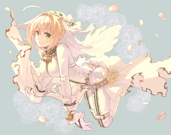 1girl ahoge blonde_hair blue_background bodysuit breasts bridal_veil chains fate/extra fate/extra_ccc fate_(series) gloves green_eyes hair_between_eyes kannuki_hisui medium_breasts nero_claudius_(bride)_(fate) nero_claudius_(fate)_(all) petals short_hair smile solo veil white_bodysuit white_gloves