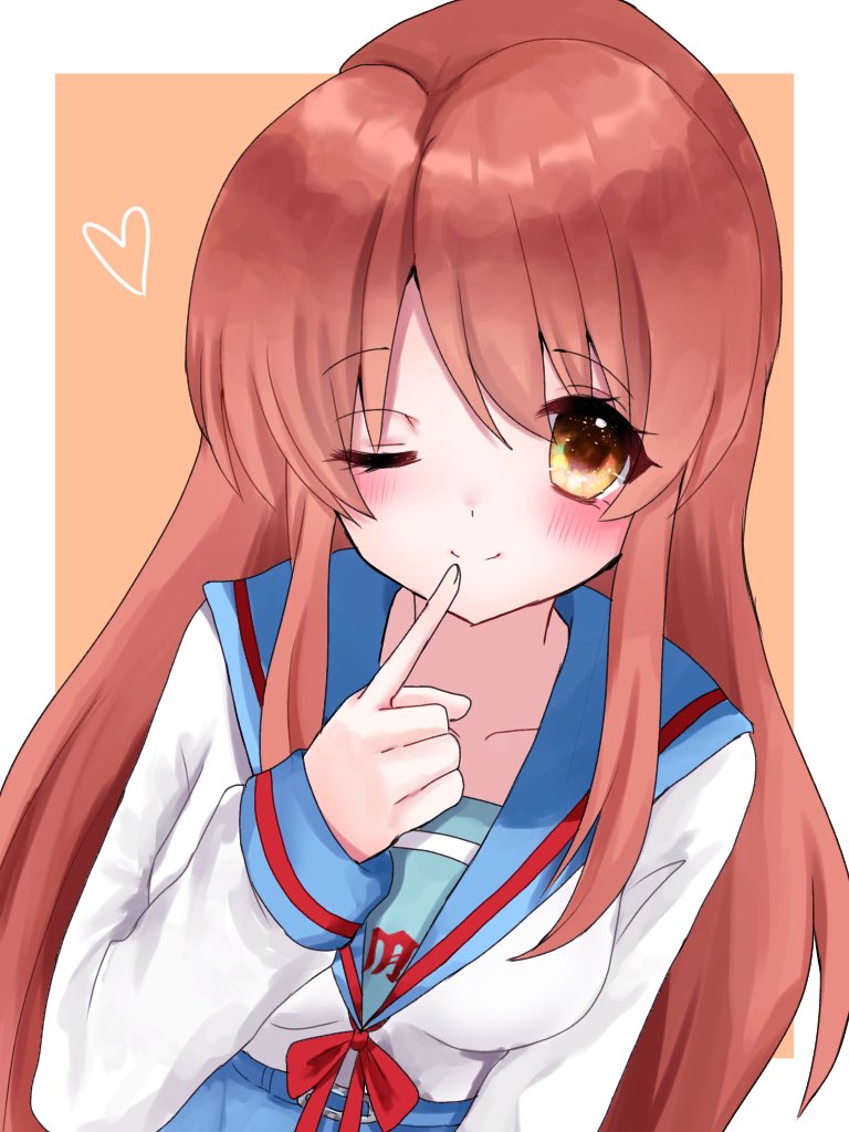 1girl ;) asahina_mikuru blue_sailor_collar blush border breasts brown_eyes closed_mouth collarbone commentary_request dot_nose finger_to_mouth heart kita_high_school_uniform large_breasts long_hair looking_at_viewer one_eye_closed orange_background orange_hair outside_border red_ribbon ribbon sailor_collar saku_utvtu school_uniform serafuku shirt simple_background smile solo suzumiya_haruhi_no_yuuutsu tareme upper_body white_border white_shirt winter_uniform