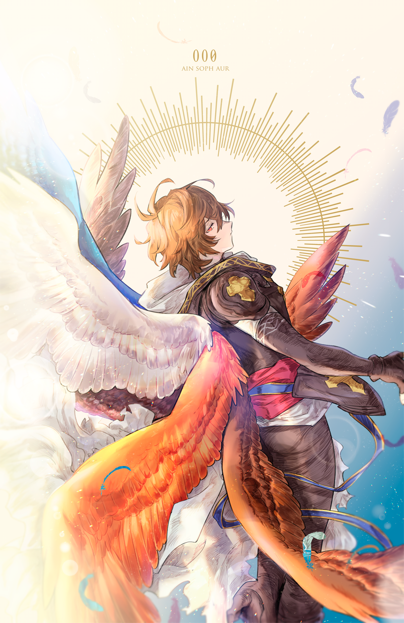 ahoge armor belt blue_belt blue_feathers blue_wings brown_hair brown_wings cape commentary_request cropped_legs english_text expressionless falling_feathers feathered_wings feathers floating floating_cape floating_hair from_behind gloves granblue_fantasy hair_between_eyes highres hood hood_down light_particles light_rays looking_back masakane messy_hair multiple_wings patterned_background profile red_wings sandalphon_(granblue_fantasy) short_hair shoulder_armor white_cape white_feathers white_wings wings